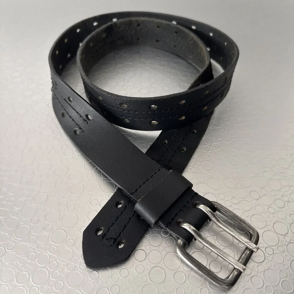 Wrangler Black Leather Belt 42 Double Prong Dual Pin Buckle Rugged Workwear 1.5”